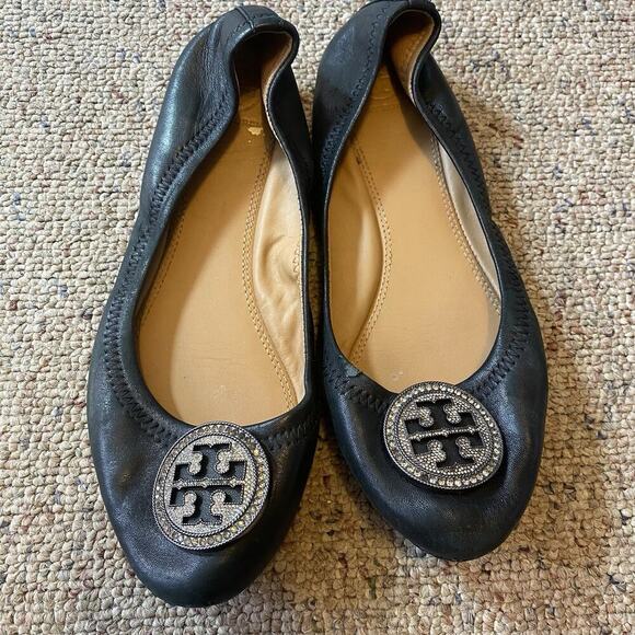 Tory Burch Ballet Flats Dance Walk Black Leather Rhinestones Logo Women Sz 7M - Picture 1 of 6